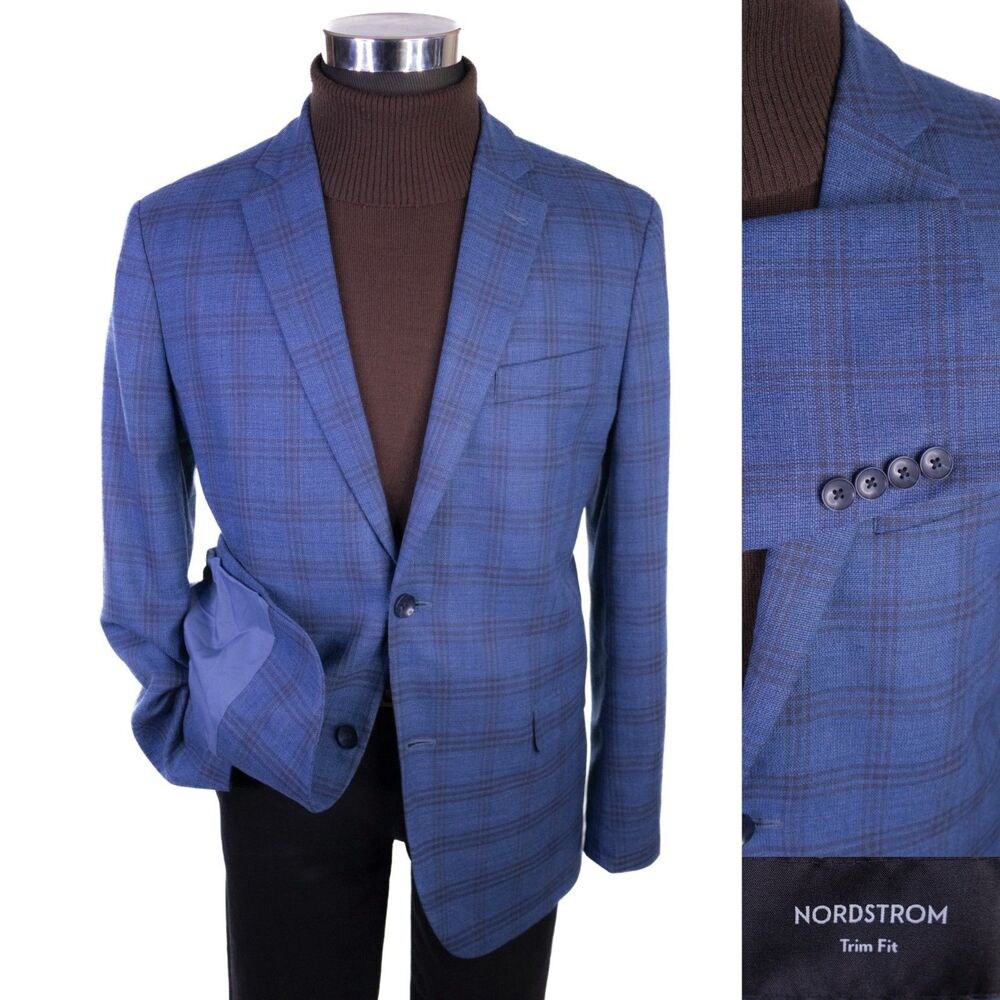 Nordstrom Trim Fit Wool Stretch Blazer Sz 42R Sport Coat Blue Plaid Jacket